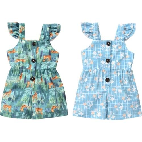 Summer Kids Girl’s Casual Jumpsuits Sleeveless Strap Cartoon Animal/Floral Printed Single-breasted One-piece Rompers