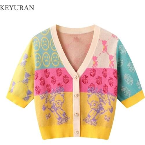 Summer Knitted Cardigan 2021 New V-neck Single-Breasted Loose and Thin Cartoon Jacket Ice Silk Short-sleeved Knit Crop Top Women