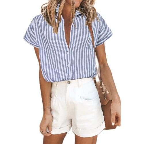 Summer 2021 Hot-Selling Good Quality New Ladies' Popular Fashion Striped Single-Breasted Lapel Short-Sleeved Shirt
