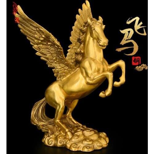 Chinese Style Handmade Copper Horse Geomancy Decoration Golden Pegasus with Wings Office Lucky Feng Shui Large Size