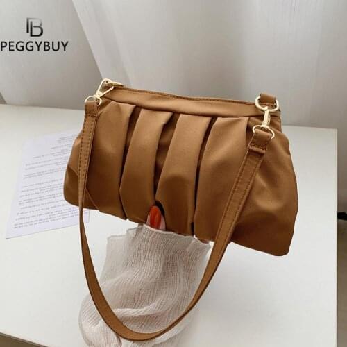 Fashion Purse Handbags Women Casual Pure Color Pleated Soft Leather Women Nylon Designer Handbag Shoulder Underarm Bag