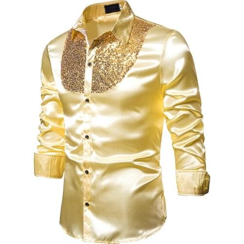 Mens Sequins Embroidered Western Shirts Slim Fit Long Fashion Silk Shirt Men Nightclub Disco Dance Party Stage Prom Custume 2XL
