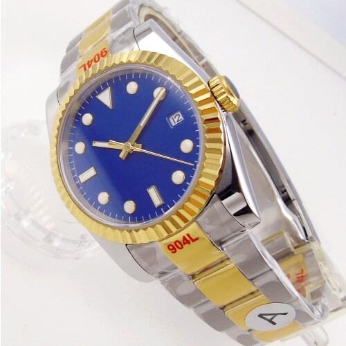 Gold Plated 36mm/40mm Sapphire Mens Automatic Watch Japan Miyota 8215 Blue Face Fix Bezel Oyster Two Tone Band Date Window 316L