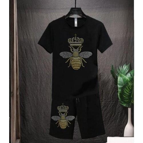 Mens sets brand Rhinestones sportswear set pure cotton Fitness Running fashion short sleeve T-shirt + jogging