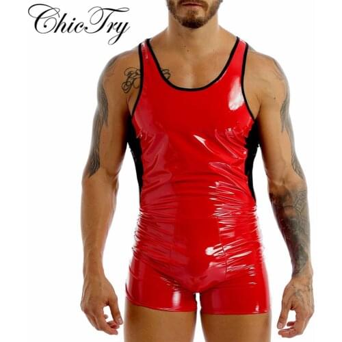 Mens Sexy Nightclub Costumes Catsuit Wet Look Patent Leather Block Design U Neck Skin-Tight Leotard Bodysuit Jumpsuit Clubwear