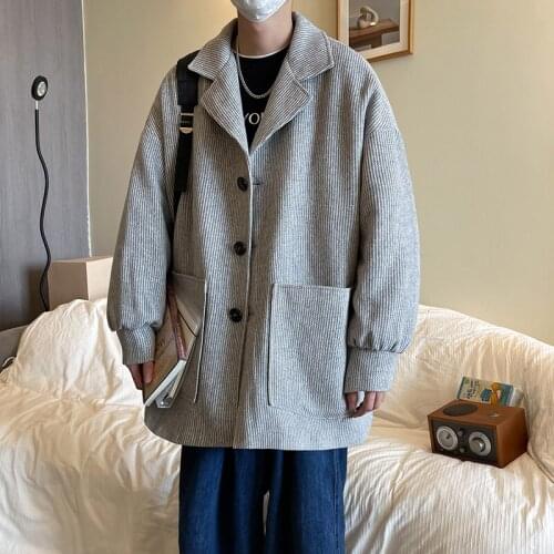 2021 Autumn Mens Solid Color Suit Jackets Mid-length Korean Loose Coats Casual Fashion Tops Outerwear Solid Color Wool Blends
