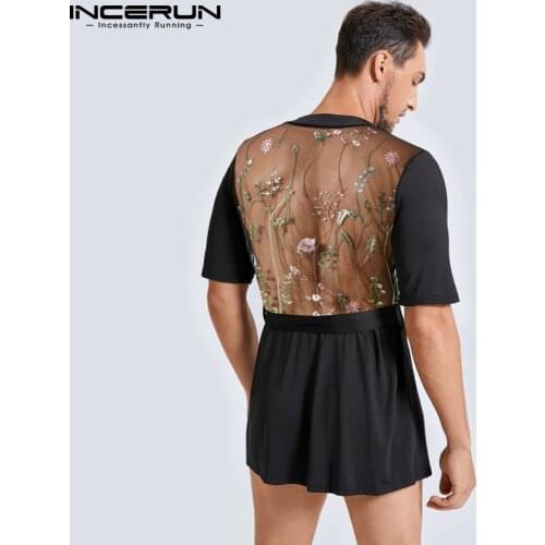 Men Robes Mesh Patchwork See Through Homewear Half Sleeve V Neck Short Sleeve Nightgown Sexy Lace Up Cozy Men Bathrobe INCERUN 7