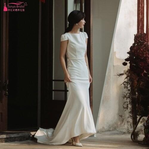 Simple Cape Sleeve Mermaid Wedding Dresses Open Back Soft Satin Lace Bridal Gowns Korea Fashion Wedding Noivas Chic ZW496