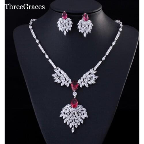 ThreeGraces Luxury Wedding Costume Jewelry Leaf Shape Zirconia Big Dangle Bridal Necklace Set With Red Color Stone JS172