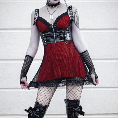 Ruibbit Gothic Sexy Black V Neck Mesh Dress Harajuku High Waist Spaghetti Straps Backless Mini Dresses E Girl Party Club Wear