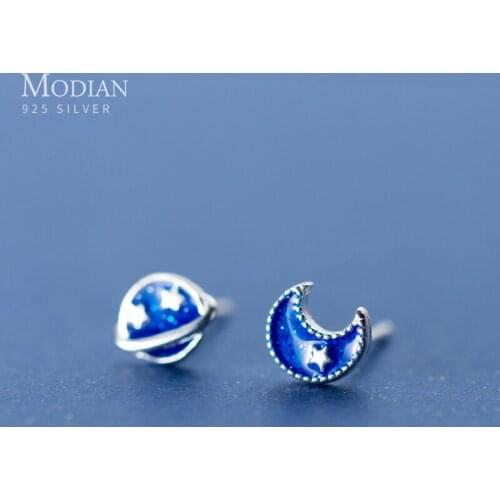 Modian Star & Moon Enamel Blue Galaxy Planet Silver Stud Earrings Charm Cute 925 Sterling Silver Party Jewelry For Women Wedding