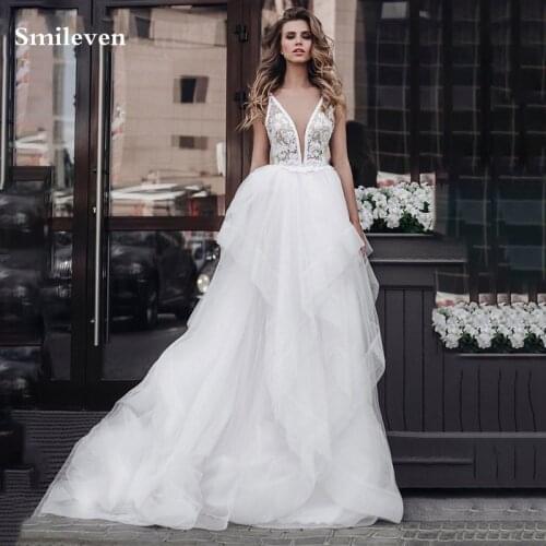 Smileven Tiered Lace Wedding dress Spaghetti Straps V Neck Beach Bride Dresses vestido de casamento Boho Wedding Gowns
