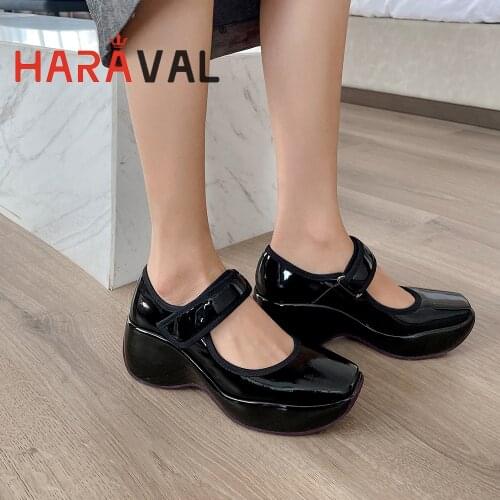 HARAVAL Women Pumps Shoes Round Toe Mary Janes Wedges Office Lady Black White Solid Office & Career Women Shoes Elegant B354