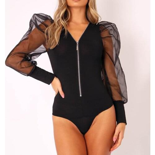 New Mesh Sheer Puff Sleeve Womens Bodysuit Spring Long Sleeve Solid Zipper Bodycon Jumpsuit Skinny Bodysuits Women Leotard Tops
