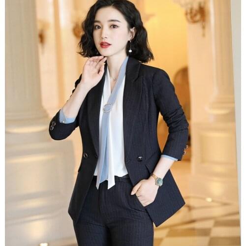 Stripe Skirt Suit Professional Suit Office Lady Suit Uniform 2019 Full Sleeve Jacket Skirt Trousers Formal Work Clothes 966