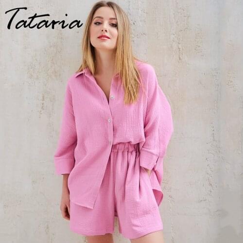 Pure Cotton Folds Suit for Women Autumn 2021 Sets Female Shorts and Blouse Pink Long Sleeve Shirts Top Elastic Waist Shorts Set