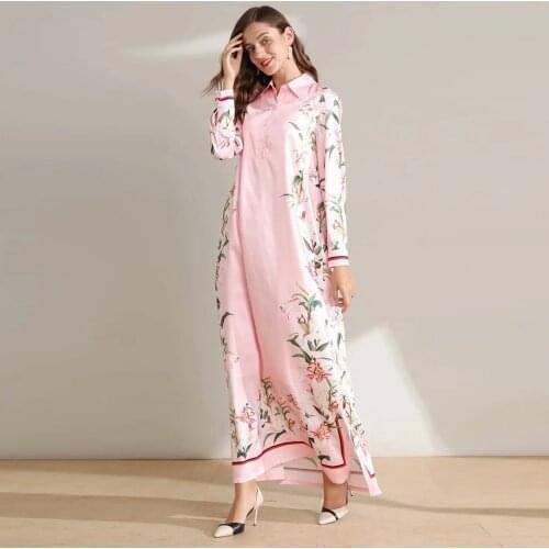 Costom plus size pink lily Flowers print high quality summer fashion ladies Straight Collar full sleeve long women dress