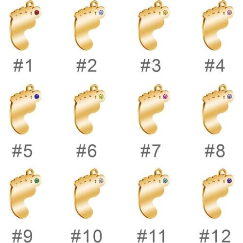 12pcs/Lot Stainless Steel Lovely Baby Feet Birthstone Charm Pendant for DIY Jewelry Making Necklace Bracelet