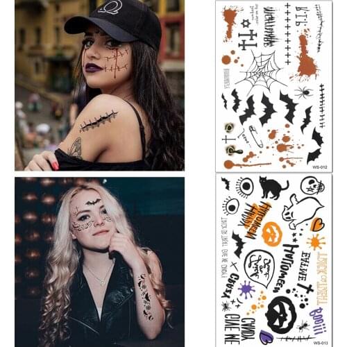 14 Style Temporary Tattoo Sticker Gost Bat Terror Wound Realistic Blood Injury Scar Tattoo Sticker For Halloween Makeup Body Art