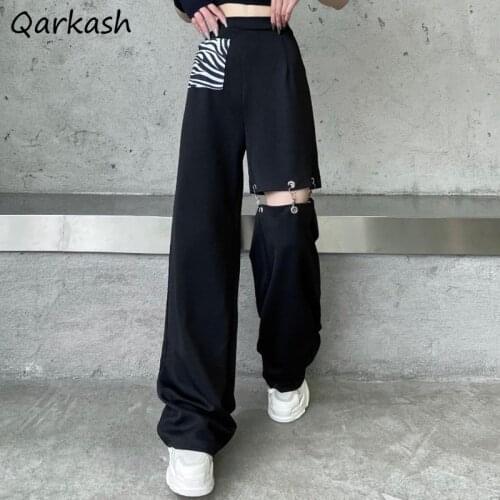 Casual Pants Women Summer Korean Style All-match Leisure Full Length Vintage Chain Spliced Design Patchwork Ins Straight Trouser