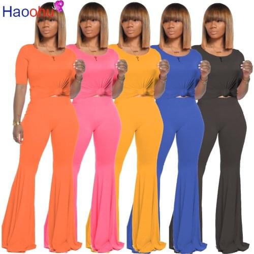 Elastic Hight Womens Tracksuit 2 Two Piece Set Casual Short Sleeve Slim Fit T-shirts and Flare Bell Bottom Pant Loungewear Suit