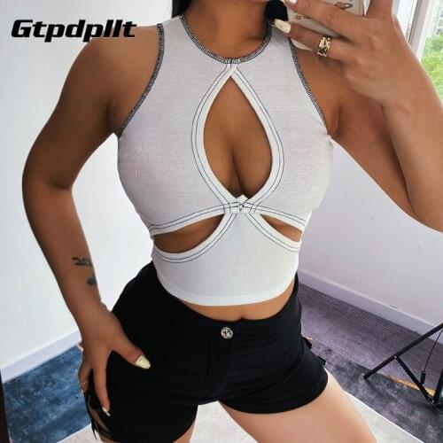 Gtpdpllt Summer O Neck Hollow Out Crop Top Women Y2K Casual T Shirts Basic Black Off Shoulder Sleeveless 2021 White Tank Tops