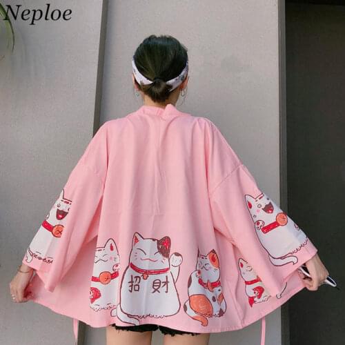 Neploe 2020 Japanese Kimonos Cat Print Cardigan Harajuku Loose Kimono Pink Blouses feminino Outerwear Shirts Women Coats 35714