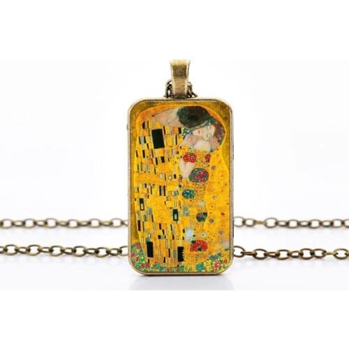 Classic Gustav Klimt The Kiss Painting Glass Dome Necklace Vintage Antique Gold Rectangle Pendant Women Men Necklace Jewelry