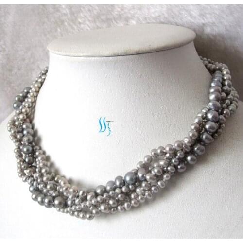 Gray Pearl Jewelry Set 18 Inches 5Rows 3-7mm Gray Color Freshwater Pearl Necklace Free One Pair Earrings