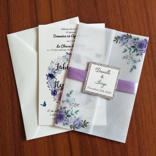 50 Pieces/Lot) Flower Printed Vellum Wedding Invitation Wrap With Tag and Ribbon Envelope DIY Transparent Quinceanera Cards