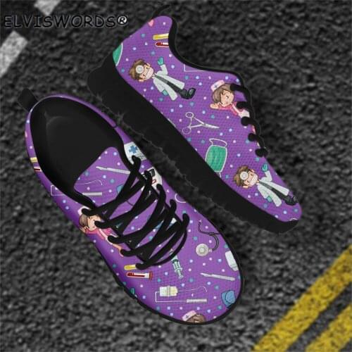 ELVISWORDS Solid Color Nurse Doctor Pattern Casual Non-slip Walking Shoes for Women Breathable Female Air Mesh Sneakers Footwear