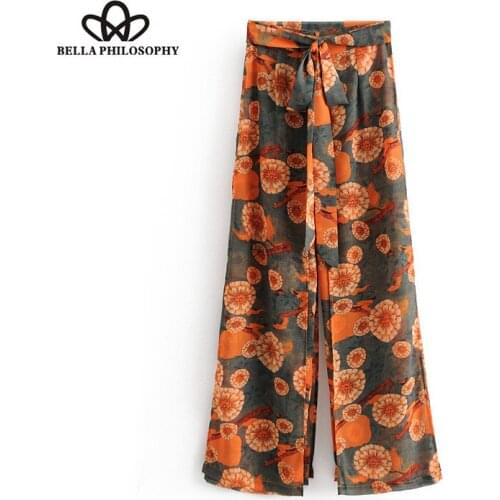HStar summer women vintage floral wide leg pants bow tie sashes paperbag waist female casual chic full length trousers