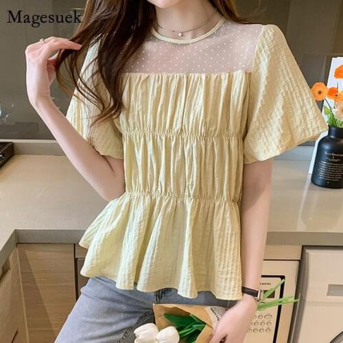 Summer Short Sleeve Blouse Korean O Neck Sweet Dot Lace Patchwork Hollow Shirt 2021 New Pleated Slim Elastic Women Tops 13970
