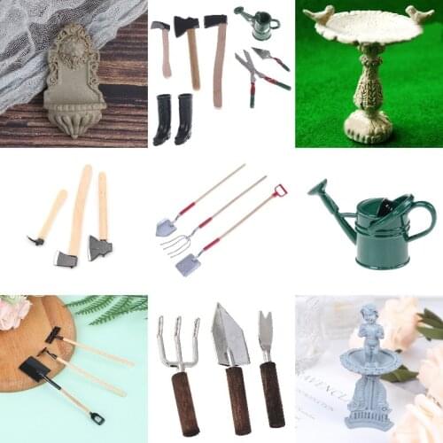 Hot! 1:12 Dollhouse Mini Garden Tool Watering Can Scissors Axes Shoes Rake Garden Pool Doll Decor Accessories
