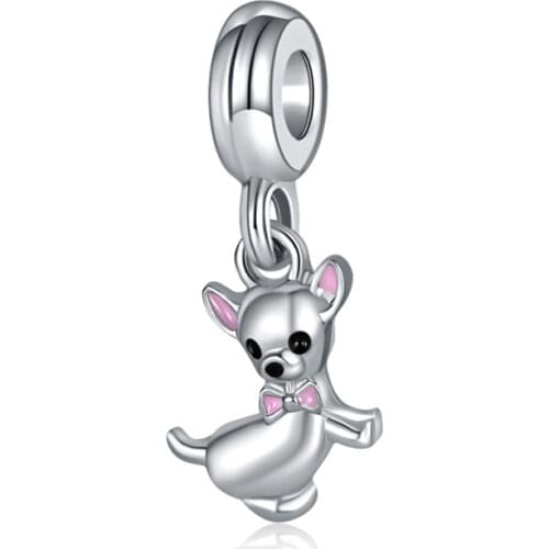 Cute Little Chihuahua Pendant Fit Pandora Charms Bracelet Women Pink Enamel Bow Dog Beads for Jewelry Making DIY Love Pet Dangle