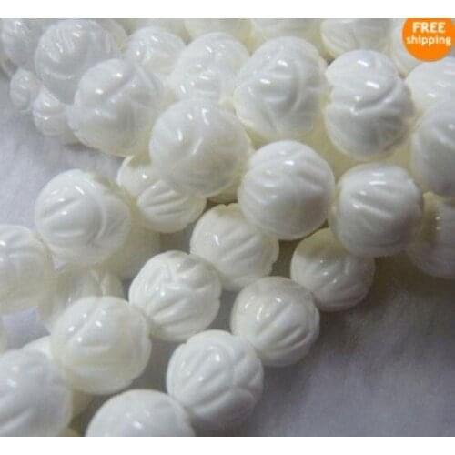 Fashion jewelry beads Charming 8-10mm White Carving Coral chalcedony Round Loose Bead 15" Wholesale and retail