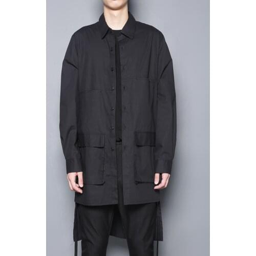 2021 Dark black print mid-length shirt for mens Korean edition fresh casual long-sleeved workwear shirt trend