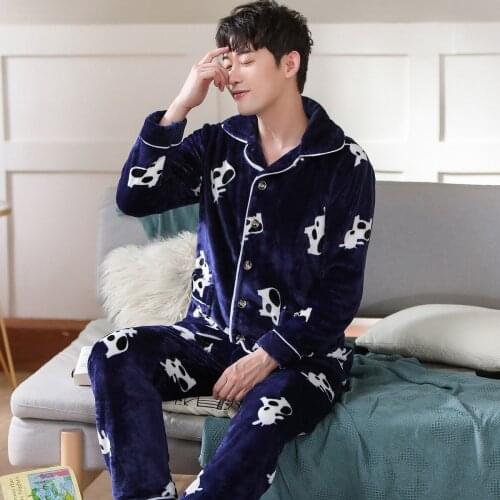 Newest Mens Soft Pajamas Set Autumn Winter Warm Flannel Thicken Male Pajamas Sets Long Sleeve Sleepwear Top +Pant Pyjamas