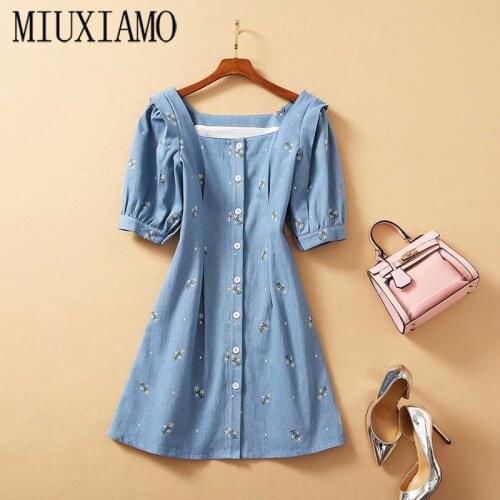 MIUXIMAO 2020 Fall Dress Newest Half Sleeve Cute Embroidery Flower Elegant Silm Casual Dress Women Vestidos