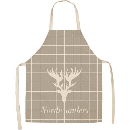 Simple Grid Plant Printed Kitchen Apron for Woman Home Cooking Baking Coffee Cleaning Accessory Cotton Linen Bib barber apron