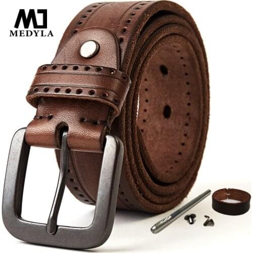 MEDYLA Natural Leather Belt Mens Hard Metal Matte Buckle Mens Original Leather Belt 100-150cm Jeans Belt Screw Accessories