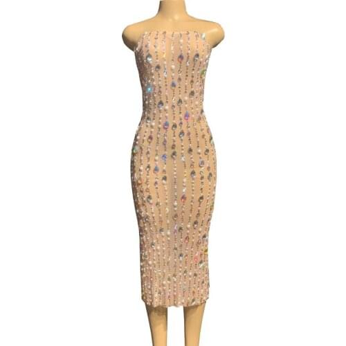 Luxurious Full Crystals Pearls Perspective Dress Women Evening Celebrate Birthday Party Dress Nightclub Outfit Performance Wear