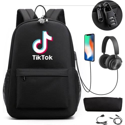 Tik ToK USB Backpack Women Men Teenager School Bag Tik Tok Women USB Travel Rucksack Large Mochila Escolar 2 pcs set school