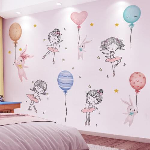 [shijuekongjian] Balloons Rabbits Wall Sticker DIY Cartoon Girl Dancers Wall Decals for Kids Rooms Baby Bedroom House Decoration