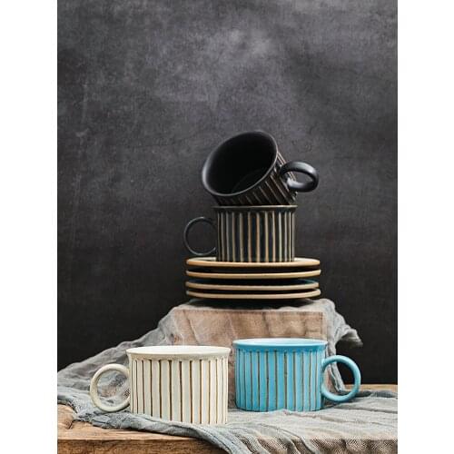 Nordic stoneware coffee mugs and saucer set vintage hand-made coffee cup afternoon tea vintage cup vertical pattern 255ml