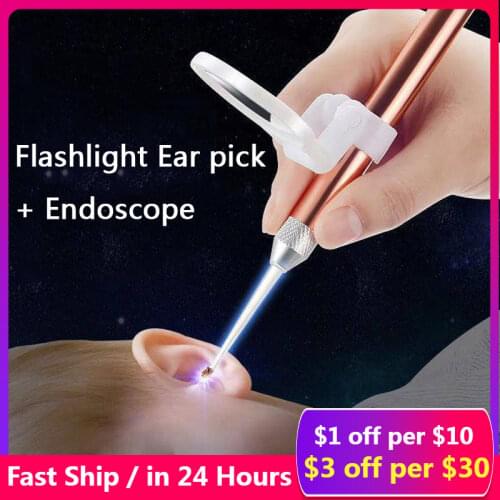 LED FlashLight Earpick Baby Ear Cleaner Endoscope Penlight Spoon Cleaning Ear Curette Light Spoon with Magnifier Ear Wax Removal