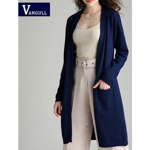 Vangull Solid Soft Casual Cardigan Women Sweater Autumn Long Open Stitch Sweater Pocket Loose Home Back Split knitted Sweater