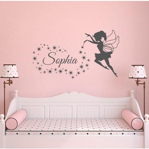 Fairy Blowing Stars Personalized Girl Name Wall Decals Custom Baby Name Vinyl Kids Wall Sticker, Wall Art Childrens Room B103
