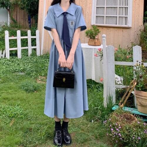 Japanese Improved Version Jk Short-Sleeved Dress WomenS 2021 Summer New College Style Sweet Age-Reducing Blue Mid-Length Skirt