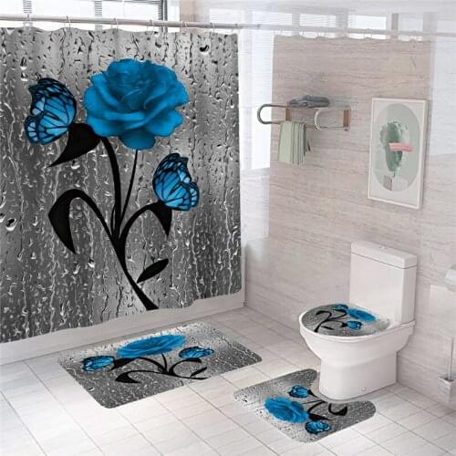 Blue Flower Butterfly Shower Curtain Bathroom Non-slip Mat Set Durable Waterproof Pedestal Rug Lid Toilet Cover Bath Mat Rugs